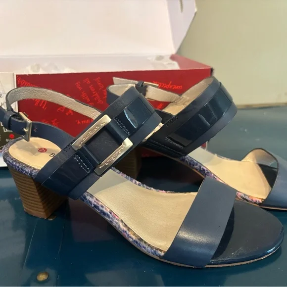 BLONDO Debi Leather Wooden Heel Oprn Toe Navy Sandals Silver Buckle Detail, Box - Picture 8 of 10
